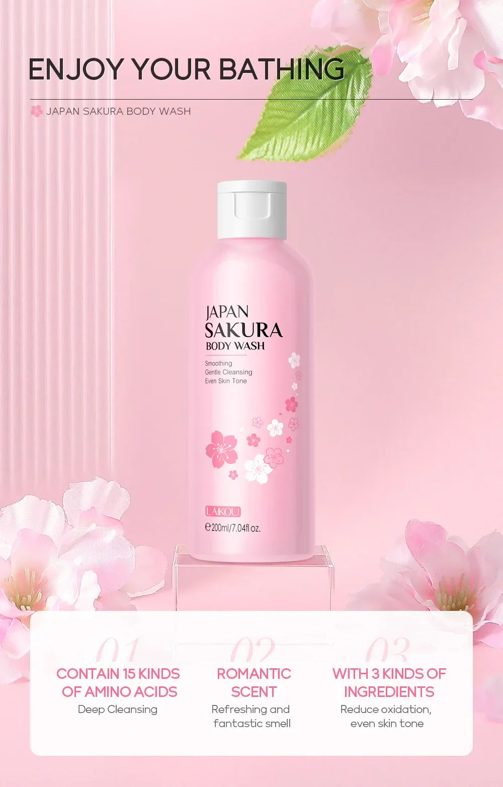 LAIKOU Sakura Shower Gel Long Moisturizing Smooth Long Lasting Fragrance Gentle Foam Body Cleansing Bath Product 200ml - Shemen Beauty