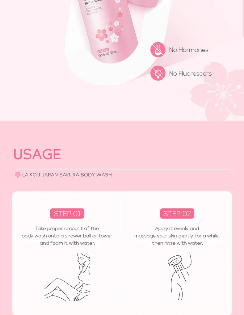 LAIKOU Sakura Shower Gel Long Moisturizing Smooth Long Lasting Fragrance Gentle Foam Body Cleansing Bath Product 100ml - Shemen Beauty
