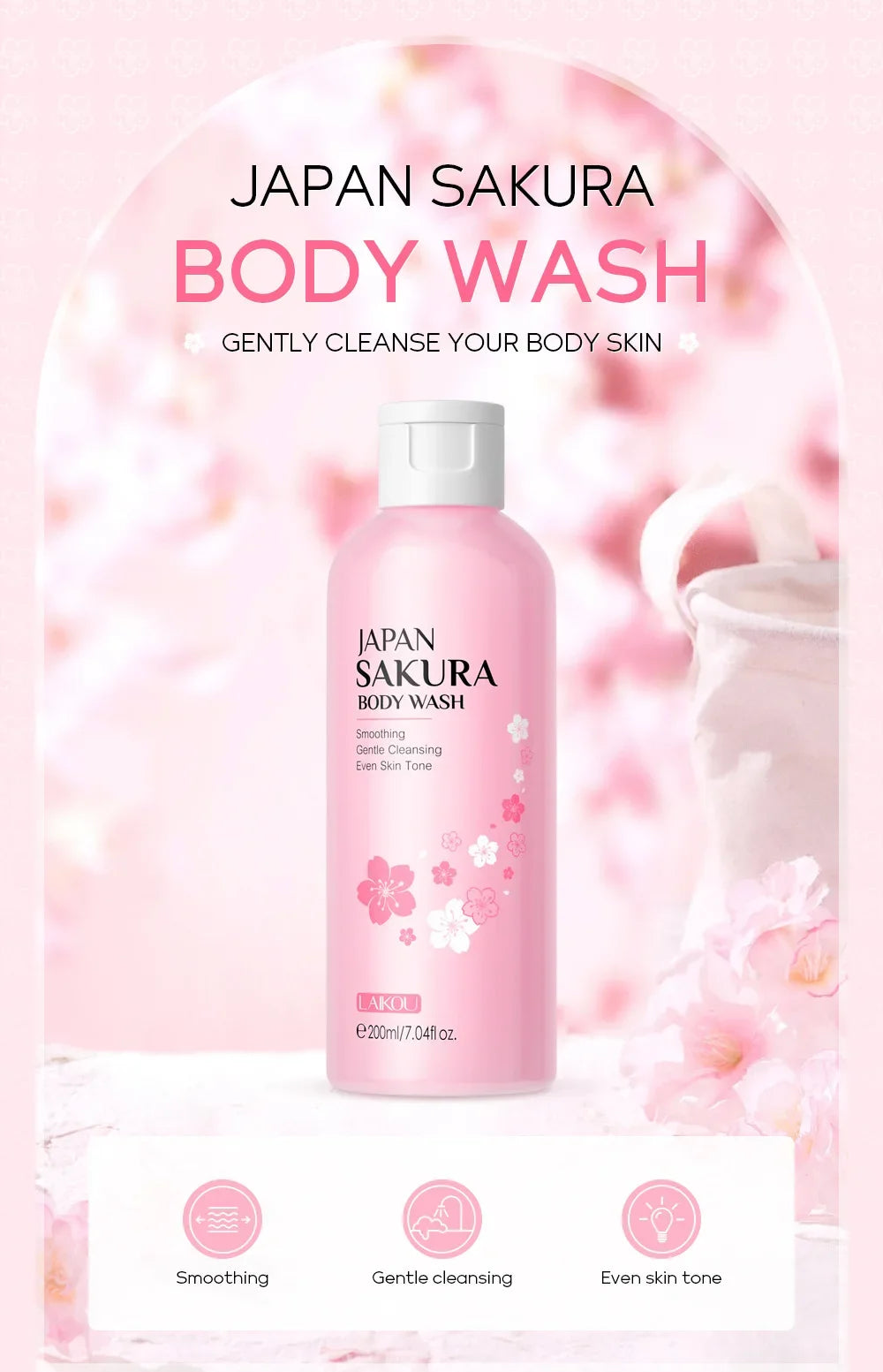 LAIKOU Sakura Shower Gel Long Moisturizing Smooth Long Lasting Fragrance Gentle Foam Body Cleansing Bath Product 200ml - Shemen Beauty