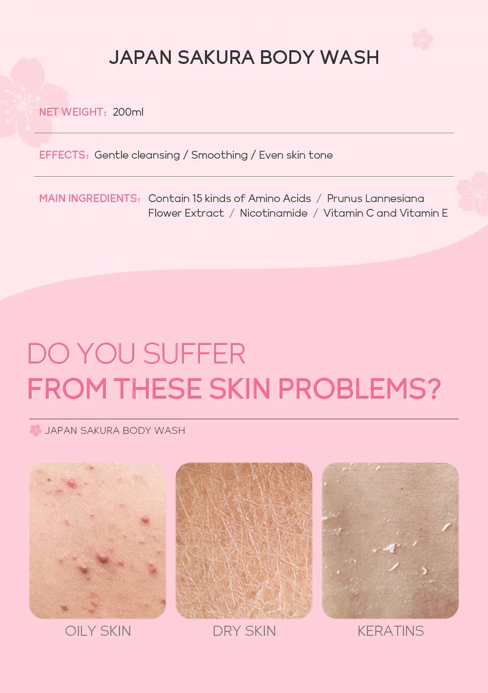 LAIKOU Sakura Shower Gel Long Moisturizing Smooth Long Lasting Fragrance Gentle Foam Body Cleansing Bath Product 200ml - Shemen Beauty