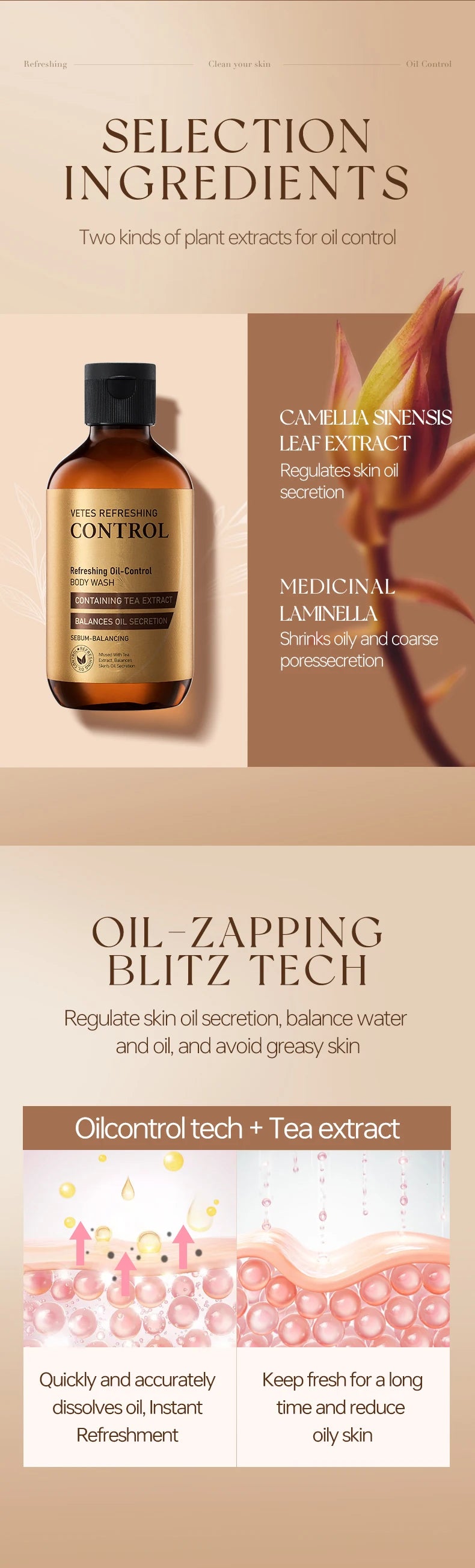 VETES Shampoo and Shower Gel Set 260ml Oil Control Tea Aroma Lasting Deepy Clean Moisturizing and Balancing Water and Oil Care - Shemen Beauty