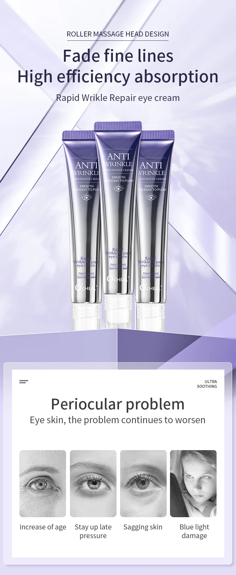 O'CHEAL Anti Wrinkle Anti Dark Circle Eye Cream Roller Massager Moisturizing Eye Bags Anti Aging Hyaluronic Acid Eye Skin Care - Shemen Beauty