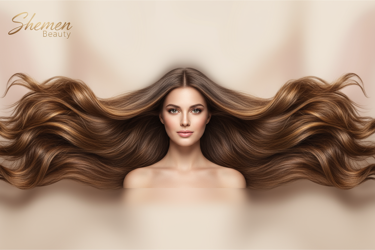 Generate one image of one beautiful girl showing her hair as long the banner and with our logo 