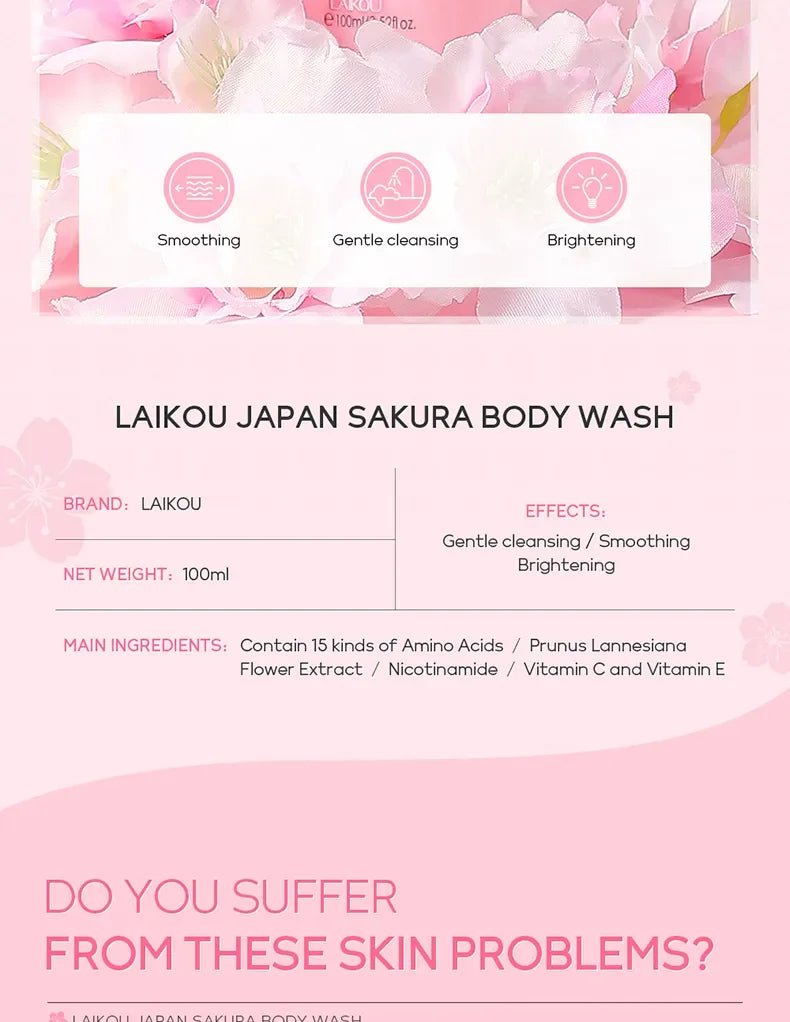 LAIKOU Sakura Shower Gel Long Moisturizing Smooth Long Lasting Fragrance Gentle Foam Body Cleansing Bath Product 100ml - Shemen Beauty