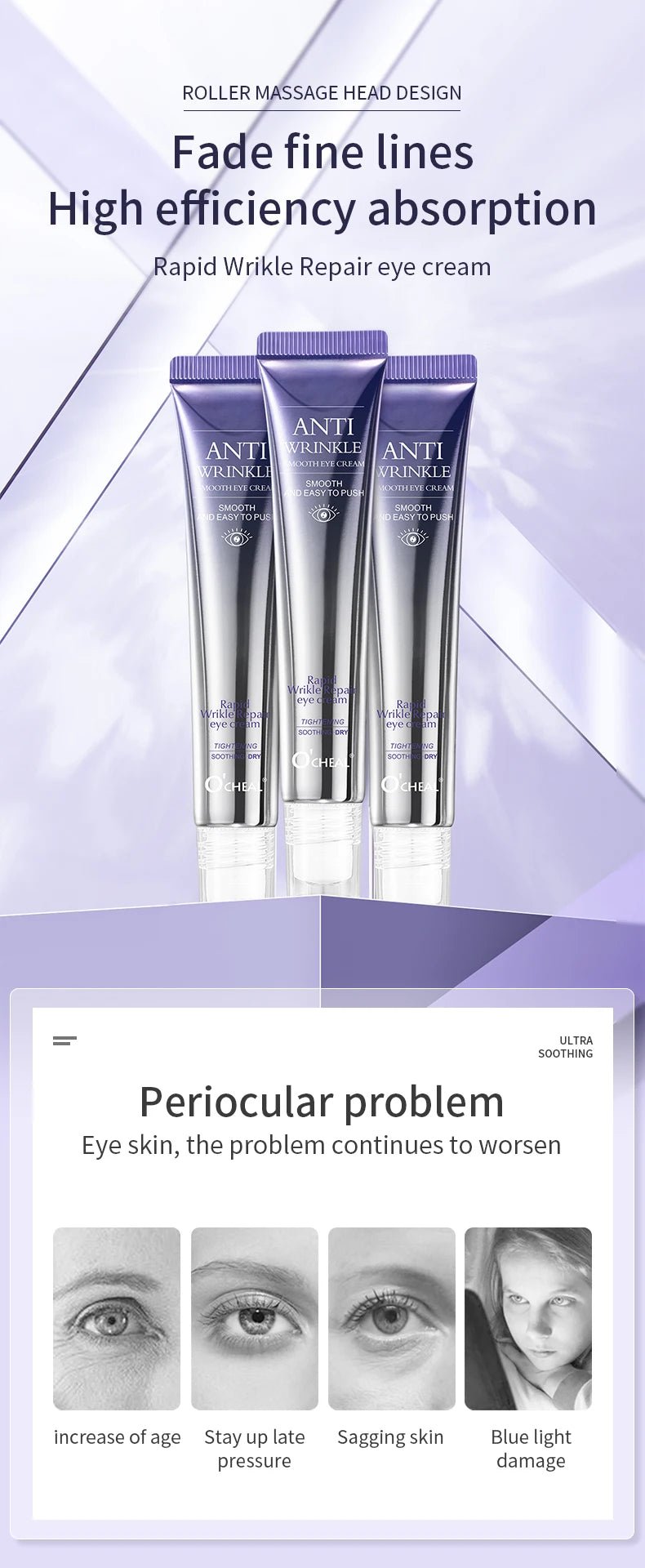 O'CHEAL Anti Wrinkle Anti Dark Circle Eye Cream Roller Massager Moisturizing Eye Bags Anti Aging Hyaluronic Acid Eye Skin Care - Shemen Beauty