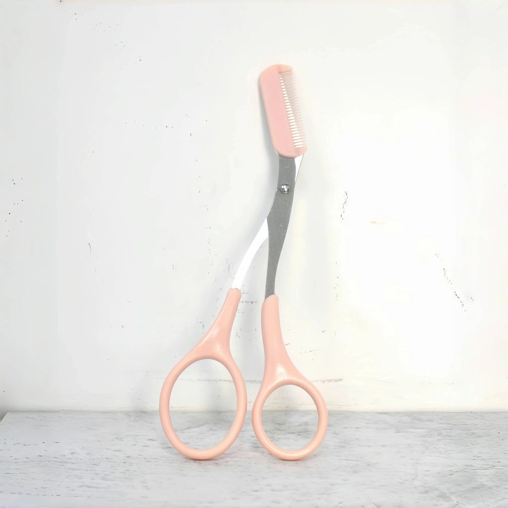 Pink eyebrow trimming scissors with built - in comb - stainless steel, - Shemen Beauty