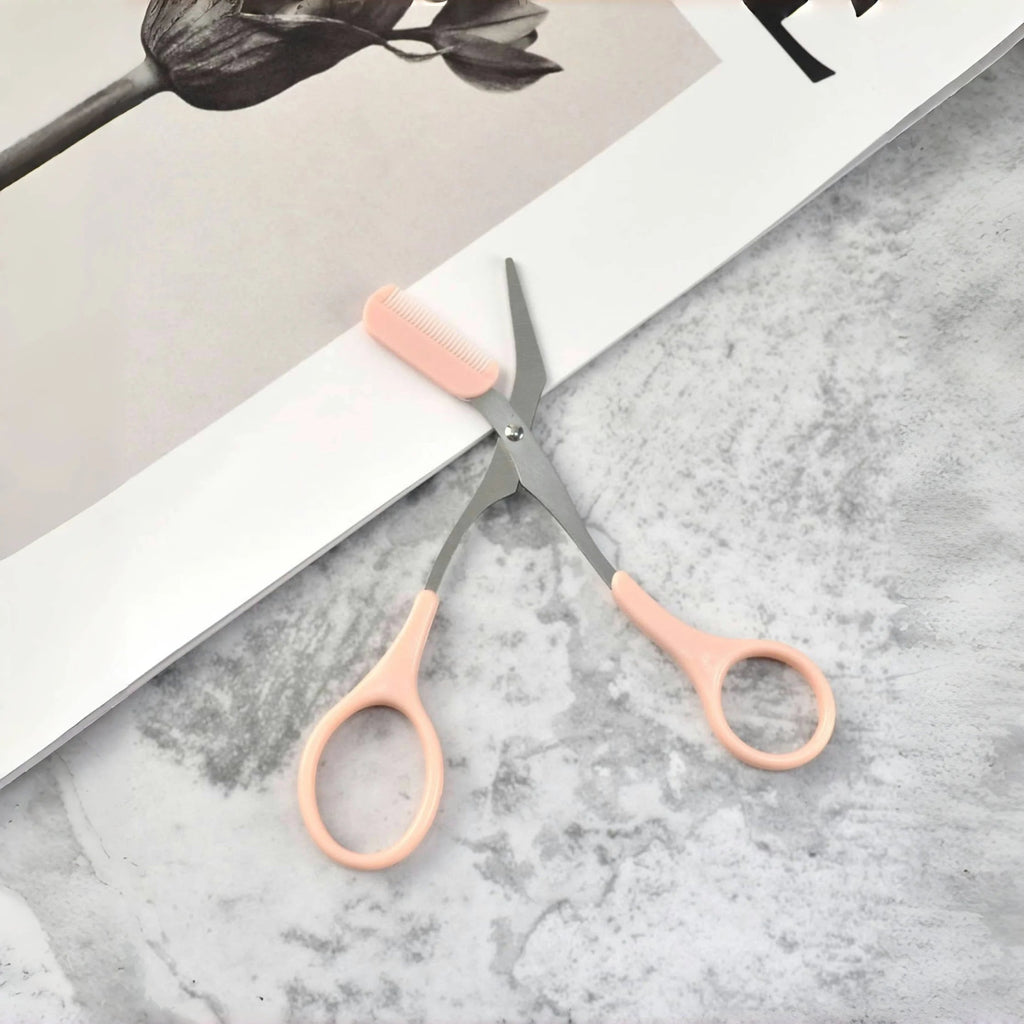 Pink eyebrow trimming scissors with built - in comb - stainless steel, - Shemen Beauty
