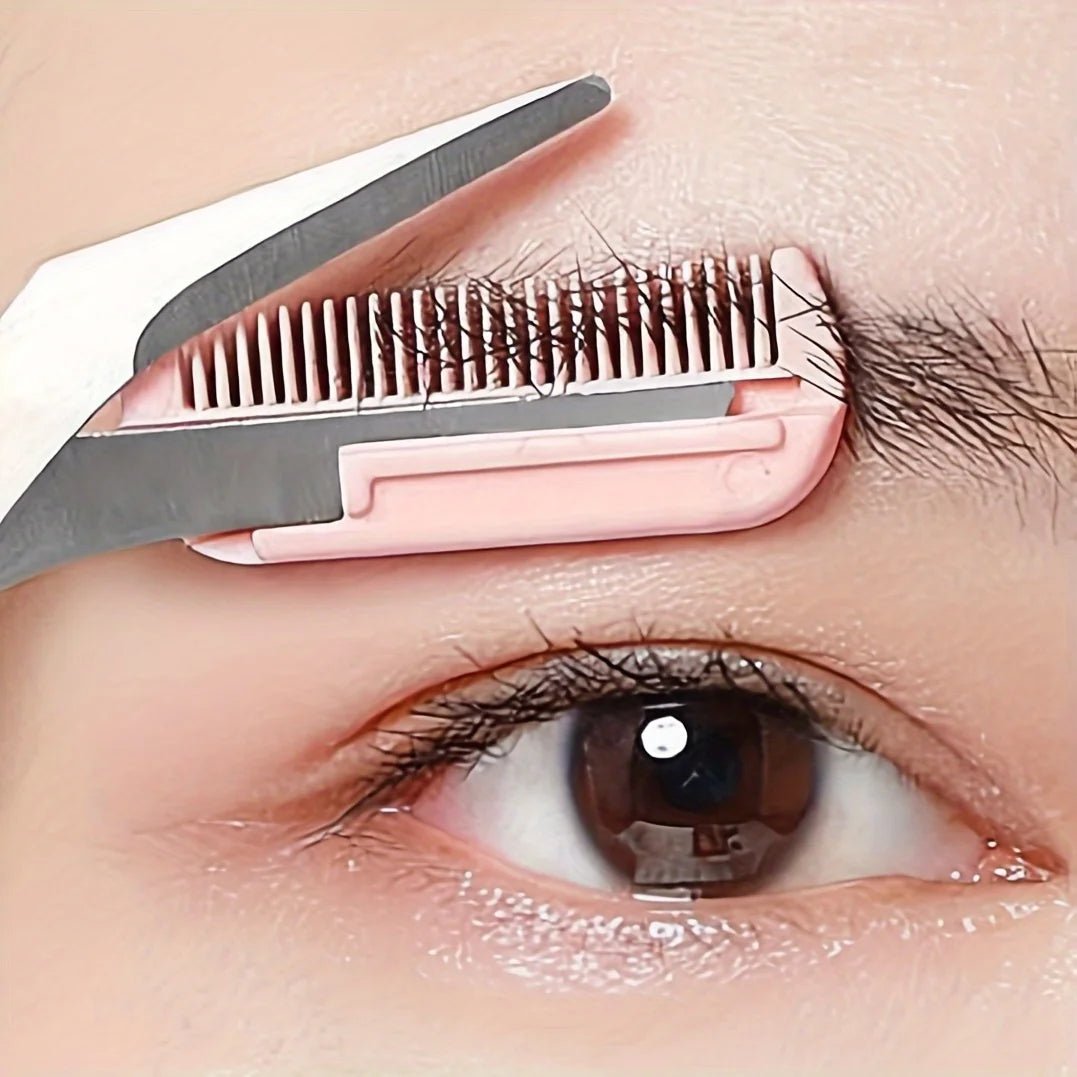 Pink eyebrow trimming scissors with built - in comb - stainless steel, - Shemen Beauty